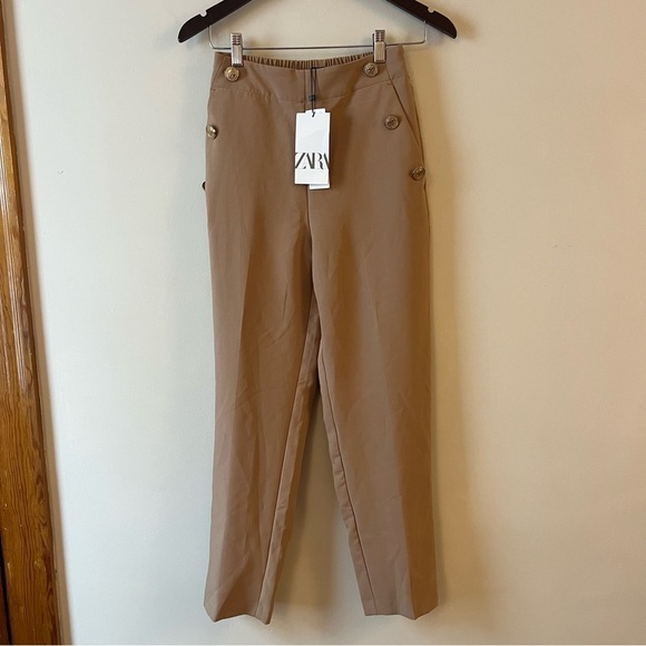 Zara Tan Trouser Pants Sailor Buttons High Rise Elastic Waist NEW Size XS - Picture 1 of 9